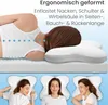 A woman lying on her side on a mattress with a pillow, and three smaller images of women sleeping on the pillow in different positions. Produktbild-Vorschau