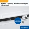 Close-up of a white freezer chest with a white handle and a lock mechanism. Text overlays highlight features. Produktbild-Vorschau