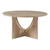 A round coffee table with a wooden finish and a unique base. Produktbild-Vorschau