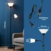 A split image showing a floor lamp on the left and close-ups of its components and dimensions on the right. Produktbild-Vorschau