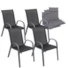 A set of four outdoor chairs and stacked cushions on a white background. Produktbild-Vorschau