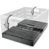 A dark gray folding storage box is shown in the foreground, with a transparent outline of a larger white bin behind it, suggesting the box fits inside or is an accessory for the bin. Arrows indicate a folding or insertion motion. Produktbild-Vorschau