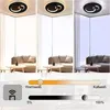 A collage showing a modern ceiling lamp in different lighting conditions and a slider interface for adjusting brightness and color temperature. Produktbild-Vorschau