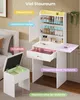 A white vanity table with a mirror and storage compartments, shown with a stool in a bedroom setting. Voir les images du produit