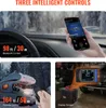 Collage showing different control methods for a diesel heater: Bluetooth app control from inside a car, remote control operation of the heater on an RV, and a close-up of the heater's display screen. Náhľad obrázku produktu