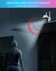A security camera is shown detecting a burglar, with light and sound effects indicating a warning. Produktbild-Vorschau