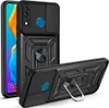 A black phone case with a ring stand and camera cover is shown from two angles against a white background.