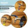 Collage of close-up shots showing a water tap with a hose connection, mounted on a wooden wall. Produktbild-Vorschau