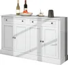 A white sideboard with four doors and two drawers, displayed against a white background. There are two bottles of wine, a bowl of fruit, and a small cup with a spoon on top of the sideboard. Produktbild-Vorschau