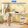 A woman sitting at a white standing desk in a bright, modern room. Produktbild-Vorschau