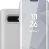 A close-up of a silver smartphone case with a mirrored front cover displaying the time and date. Náhled obrázku produktu