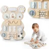 A baby playing with a Montessori busy board shaped like a bear. The image also shows a close-up of the busy board. Produktbild-Vorschau