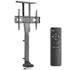 A motorized TV lift stand and its remote control are shown against a white background. Produktbild-Vorschau