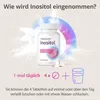 A bottle of Inositol tablets with accompanying text and icons indicating dosage instructions. Produktbild-Vorschau