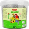 A clear product shot of a large plastic tub filled with bird seed, featuring a prominent label with images of birds and product information. Produktbild-Vorschau