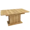 A rectangular wooden dining table with a pedestal base and built-in shelving, shown against a white background. Produktbild-Vorschau