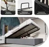 A collage of images showing different features of a bed frame, including a hand lift, mattress holder, and hydraulic mechanism, along with a full view of the bed with its storage compartment open. Produktbild-Vorschau