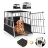 A golden retriever dog is inside a silver and black dog crate. The crate door is open, and there are smaller images of the crate in the background. There are also close-up images of a mat and a latch. Podgląd zdjęcia produktu