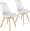 Two white dining chairs with light wood legs are shown against a white background.