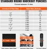 A table showing standard round knockout punch sizes and corresponding hole sizes in inches and millimeters, along with images of different steel plates and a threaded bolt. Anteprima dell’immagine prodotto