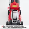 A close-up, front-facing view of a red and silver electric lawnmower against a white background. Produktbild-Vorschau