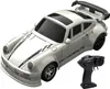 A white remote control drift car with black racing stripes and a black remote control. Náhled obrázku produktu