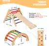 Product specifications and dimensions for a wooden Pikler triangle set and climbing arch. Voir les images du produit
