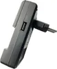 A black universal battery charger with a USB port and European plug. Produktbild-Vorschau