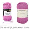 A collage of two images showing a ball of pink yarn with a label. Produktbild-Vorschau