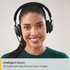 A woman wearing headphones and a green sweater, smiling at the camera. Text overlays describe a feature called 'Intelligent Zoom'. Produktbild-Vorschau