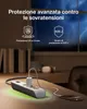 A power strip with a phone charging on a desk, with marketing text about surge protection. Náhled obrázku produktu