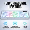 A white gaming keyboard with RGB backlighting is shown, with marketing text and icons below. Produktbild-Vorschau
