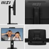 A collage of four images showing different views of an MSI computer monitor, including its stand, back, and a screen displaying two people. Voir les images du produit