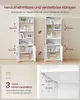 Two white bookshelves are shown side-by-side, with measurements and feature callouts. A close-up of a corner of a shelf is also shown. Produktbild-Vorschau