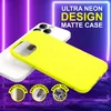 A neon-lit background with two iPhones, one with a bright yellow case, and three circular icons highlighting product features. Produktbild-Vorschau