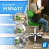 A collage showcasing a green rolling stool in different work environments, with a woman in the foreground using it. Produktbild-Vorschau
