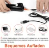 A person is shown charging a black camping shower device with a USB cable, with icons illustrating different charging options like a laptop, USB plug, power bank, and car. Náhled obrázku produktu