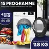 A white tumble dryer with its door open, filled with colorful laundry, and a pile of laundry next to it. Text overlays highlight product features. Produktbild-Vorschau