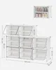 A modular shoe storage unit with multiple compartments, shown with dimensions and a smaller example unit on top. The main unit is assembled, and the smaller unit displays shoes. Náhled obrázku produktu