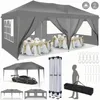 A collage of images showing a gray pop-up tent set up with tables and chairs inside, another image of the tent covering a car, and various components and accessories. Voir les images du produit