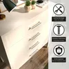 A close-up view of a dresser with multiple drawers and handles, with marketing icons and text on the right side. Produktbild-Vorschau