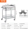 A stainless steel laboratory cart with a drawer and two shelves, shown with dimensions and included hardware. Produktbild-Vorschau
