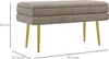 A beige upholstered bench with gold legs, shown with dimensions indicated by lines and text. Anteprima dell’immagine prodotto