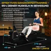 A woman is using a rowing machine in a home gym setting, with text overlays highlighting the product's features and benefits. Produktbild-Vorschau