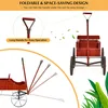 A wooden wagon with a red finish is shown from the front and side, with a diagram illustrating the folding handle. Podgląd zdjęcia produktu