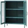 A teal metal cabinet with glass doors and shelves. Produktbild-Vorschau