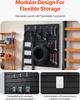 A modular storage system mounted on a wall, with tools and a tire displayed. Smaller inset images show compatibility and electrical outlet integration. Náhled obrázku produktu