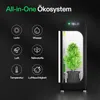 A smart grow box with a plant inside, surrounded by icons representing light, water, air, nutrients, temperature, and humidity. Voir les images du produit