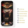 A phone screen protector with a graphic design of a fierce tiger's head and armor, next to a list of product features. Produktbild-Vorschau