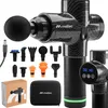 A massage gun with multiple attachments, a charging cable, a storage case, and its packaging are displayed on a white background. Produktbild-Vorschau
